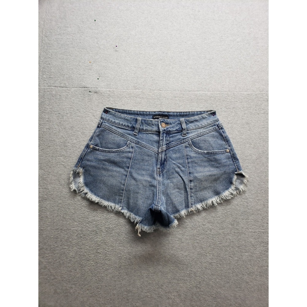 Sincerely Jules Women Jean Short 7/28 Blue Denim Cut Off High Rise Frayed Hem